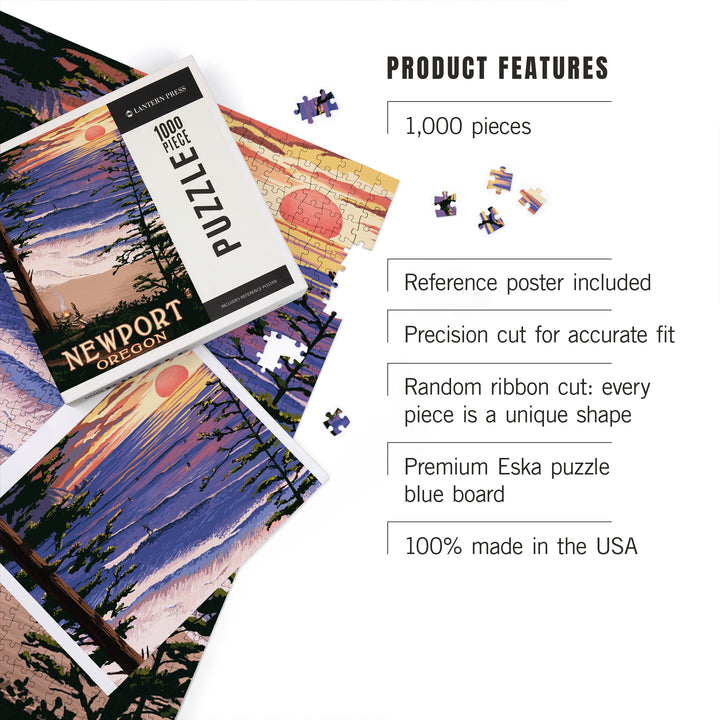 Newport, Oregon, Sunset Beach and Surfers, Jigsaw Puzzle Puzzle Lantern Press 