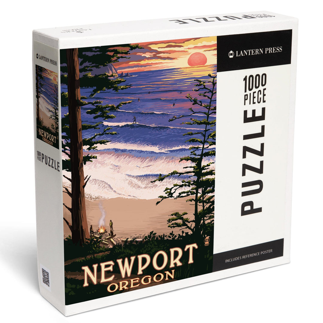 Newport, Oregon, Sunset Beach and Surfers, Jigsaw Puzzle Puzzle Lantern Press 