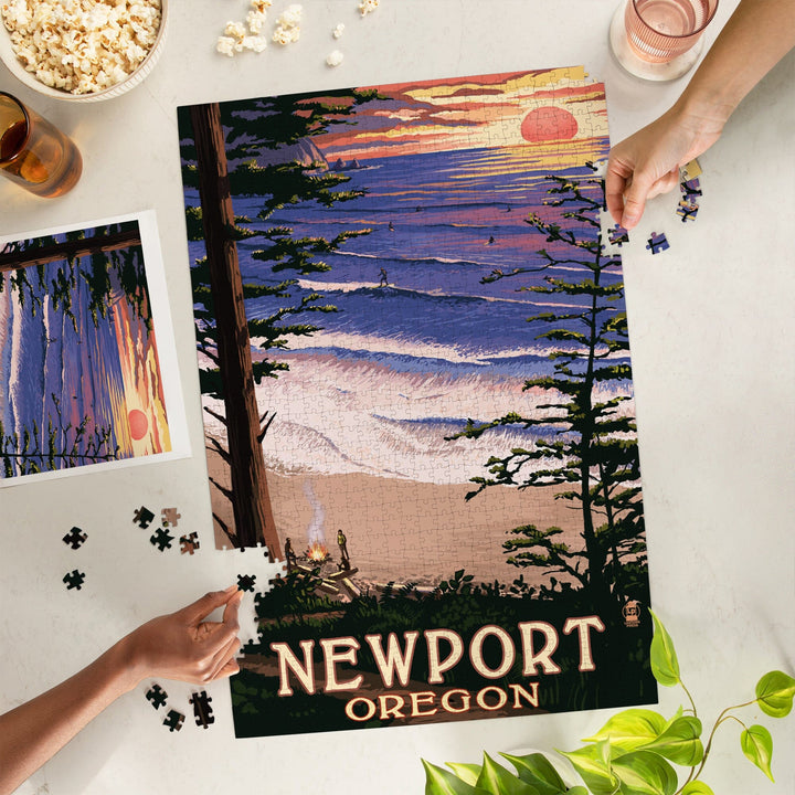 Newport, Oregon, Sunset Beach and Surfers, Jigsaw Puzzle Puzzle Lantern Press 