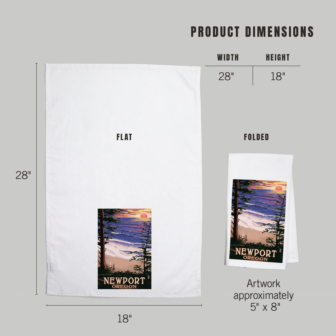 Newport, Oregon, Sunset Beach and Surfers, Organic Cotton Kitchen Tea Towels Kitchen Lantern Press 