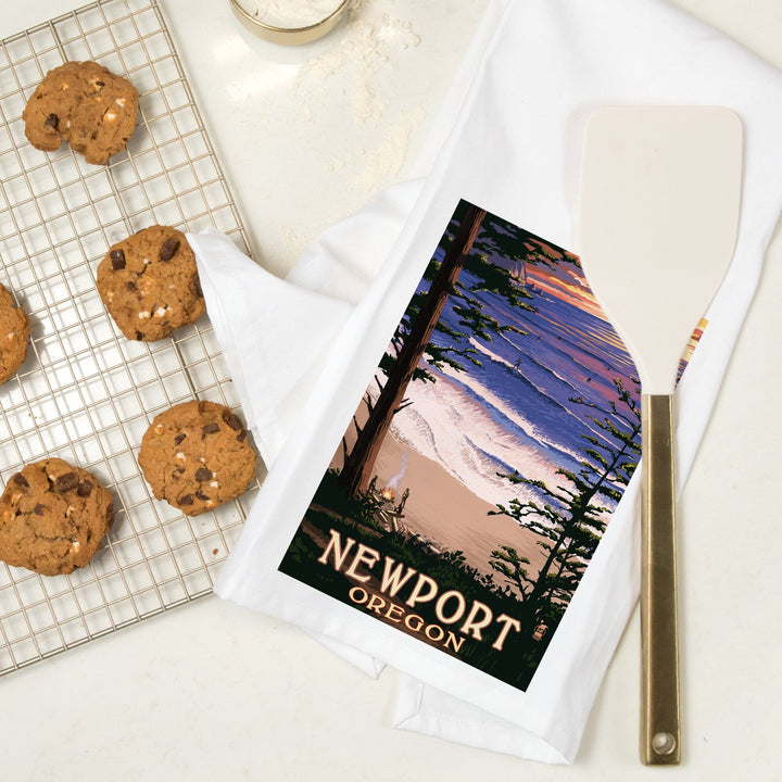 Newport, Oregon, Sunset Beach and Surfers, Organic Cotton Kitchen Tea Towels Kitchen Lantern Press 