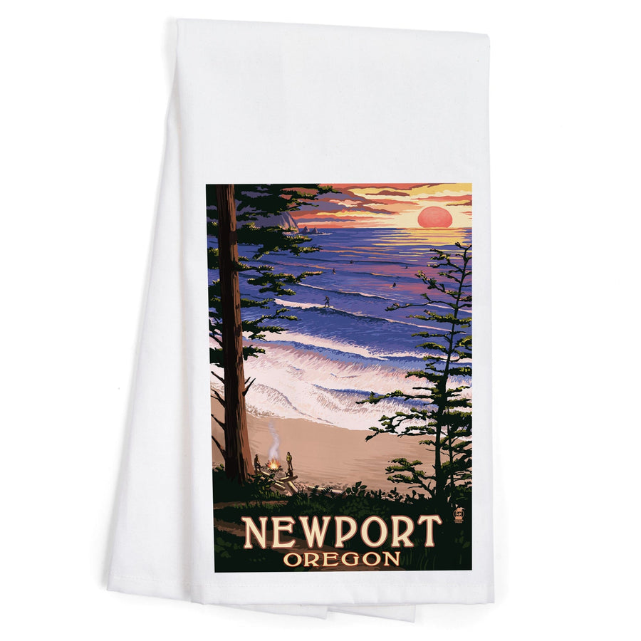 Newport, Oregon, Sunset Beach and Surfers, Organic Cotton Kitchen Tea Towels Kitchen Lantern Press 
