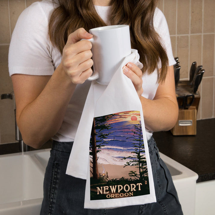 Newport, Oregon, Sunset Beach and Surfers, Organic Cotton Kitchen Tea Towels Kitchen Lantern Press 