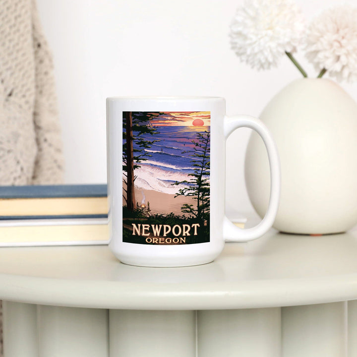 Newport, Oregon, Sunset Beach & Surfers, Lantern Press Poster, Ceramic Mug Mugs Lantern Press 