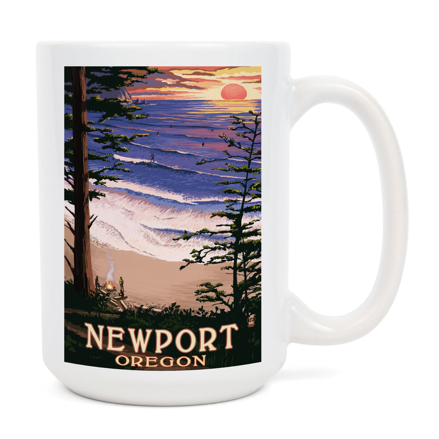Newport, Oregon, Sunset Beach & Surfers, Lantern Press Poster, Ceramic Mug Mugs Lantern Press 