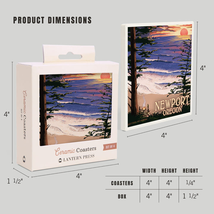 Newport, Oregon, Sunset Beach & Surfers, Lantern Press Poster, Coaster Set Coasters Lantern Press 