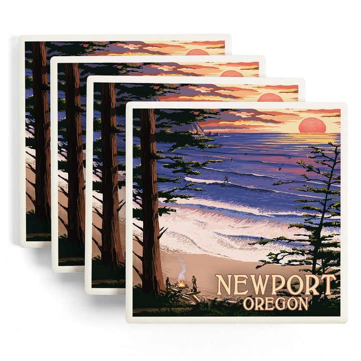 Newport, Oregon, Sunset Beach & Surfers, Lantern Press Poster, Coaster Set Coasters Lantern Press 