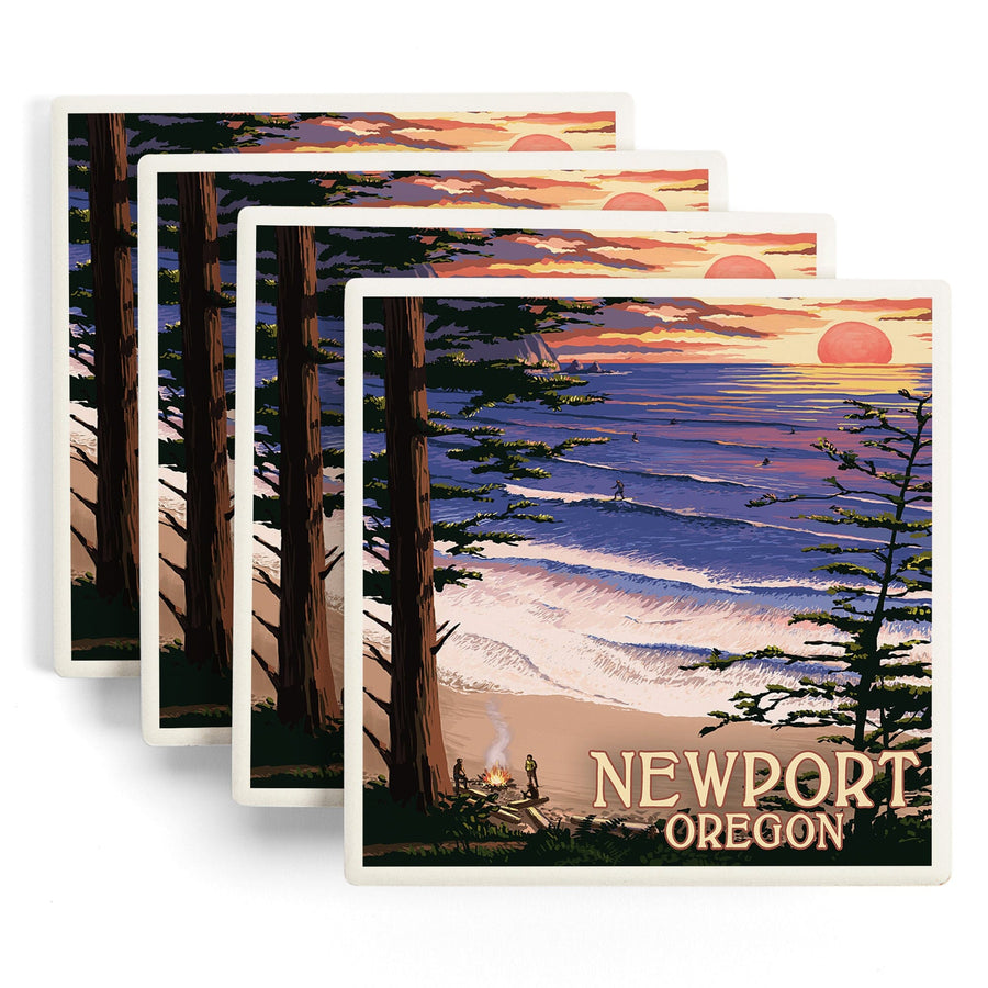 Newport, Oregon, Sunset Beach & Surfers, Lantern Press Poster, Coaster Set Coasters Lantern Press 