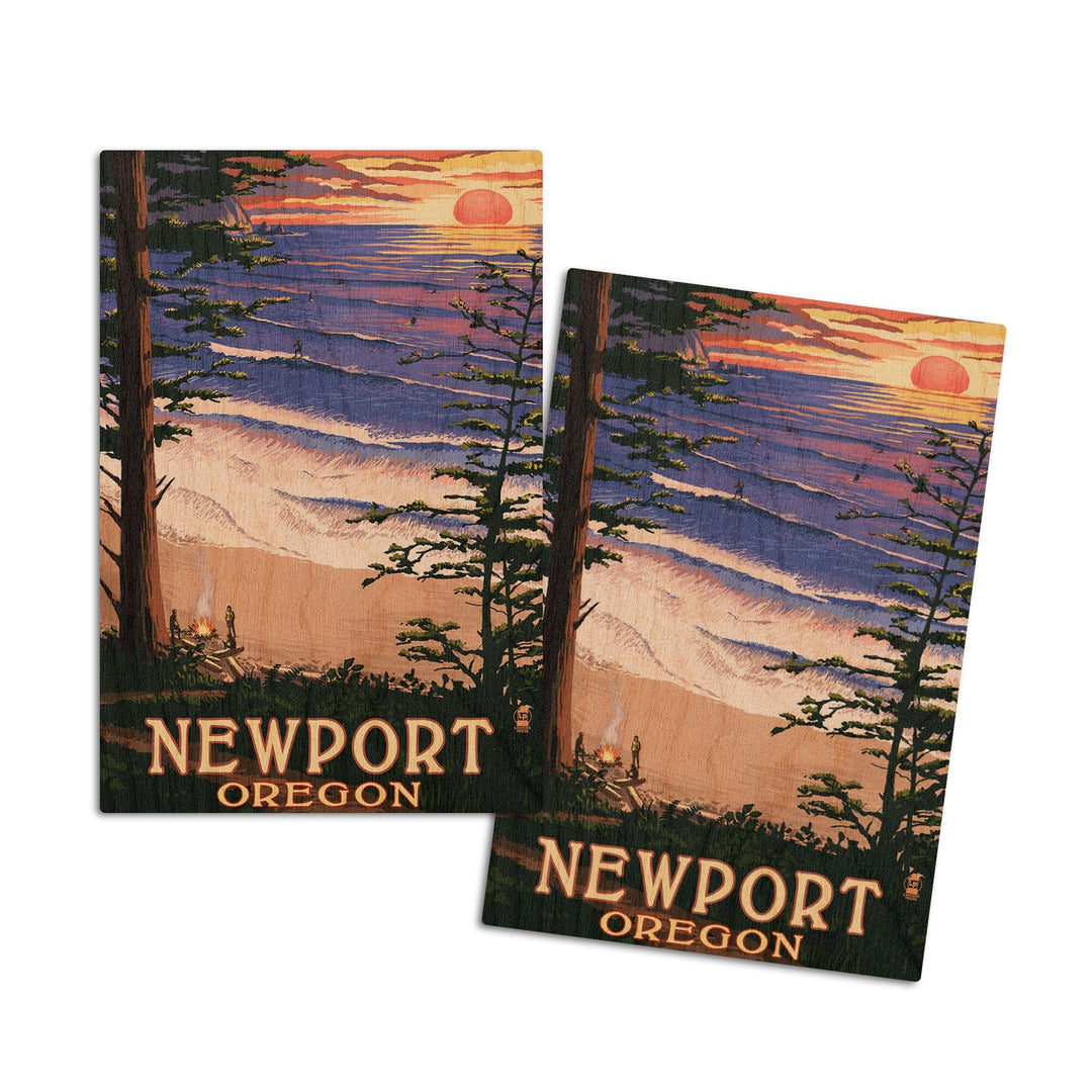 Newport, Oregon, Sunset Beach & Surfers, Lantern Press Poster, Wood Signs and Postcards Wood Lantern Press 4x6 Wood Postcard Set 