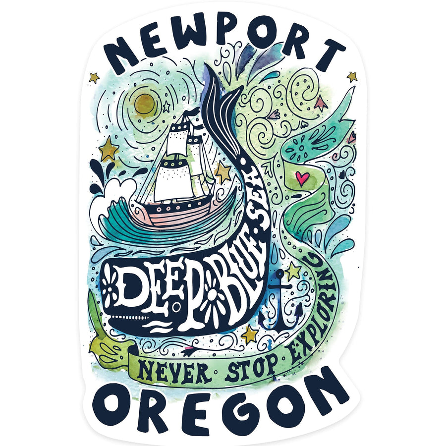Newport, Oregon, Watercolor Whale, Deep Blue Sea, Contour, Vinyl Sticker Sticker Lantern Press 