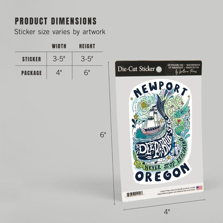 Newport, Oregon, Watercolor Whale, Deep Blue Sea, Contour, Vinyl Sticker Sticker Lantern Press 