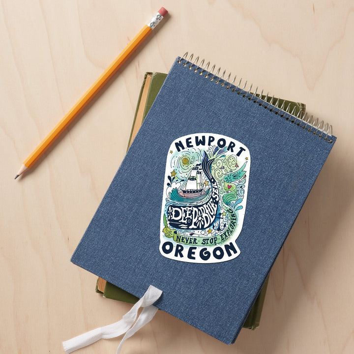 Newport, Oregon, Watercolor Whale, Deep Blue Sea, Contour, Vinyl Sticker Sticker Lantern Press 