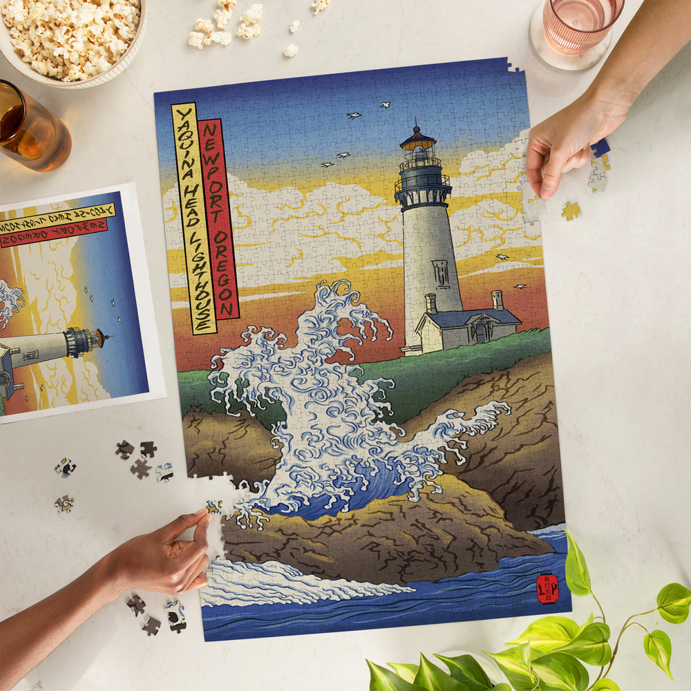 Newport, Oregon, Yaquina Head Lighthouse Woodblock, Jigsaw Puzzle Puzzle Lantern Press 