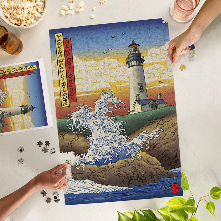 Newport, Oregon, Yaquina Head Lighthouse Woodblock, Jigsaw Puzzle Puzzle Lantern Press 