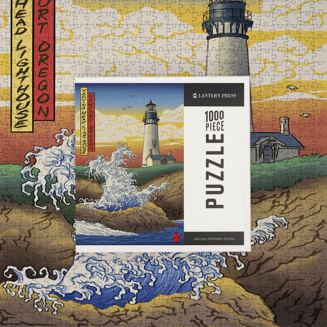 Newport, Oregon, Yaquina Head Lighthouse Woodblock, Jigsaw Puzzle Puzzle Lantern Press 