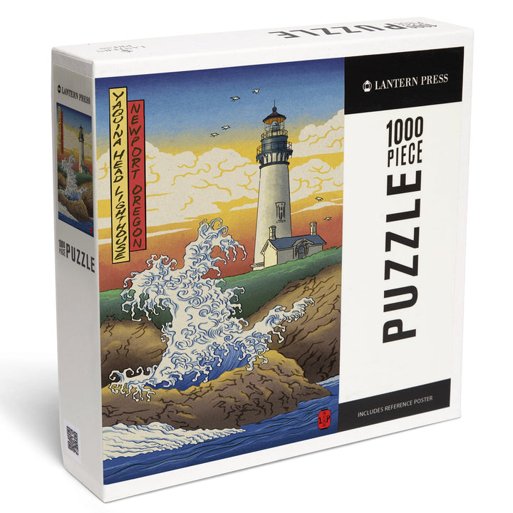 Newport, Oregon, Yaquina Head Lighthouse Woodblock, Jigsaw Puzzle Puzzle Lantern Press 