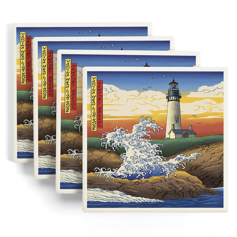 Newport, Oregon, Yaquina Head Lighthouse Woodblock, Lantern Press Poster, Coaster Set Coasters Lantern Press 