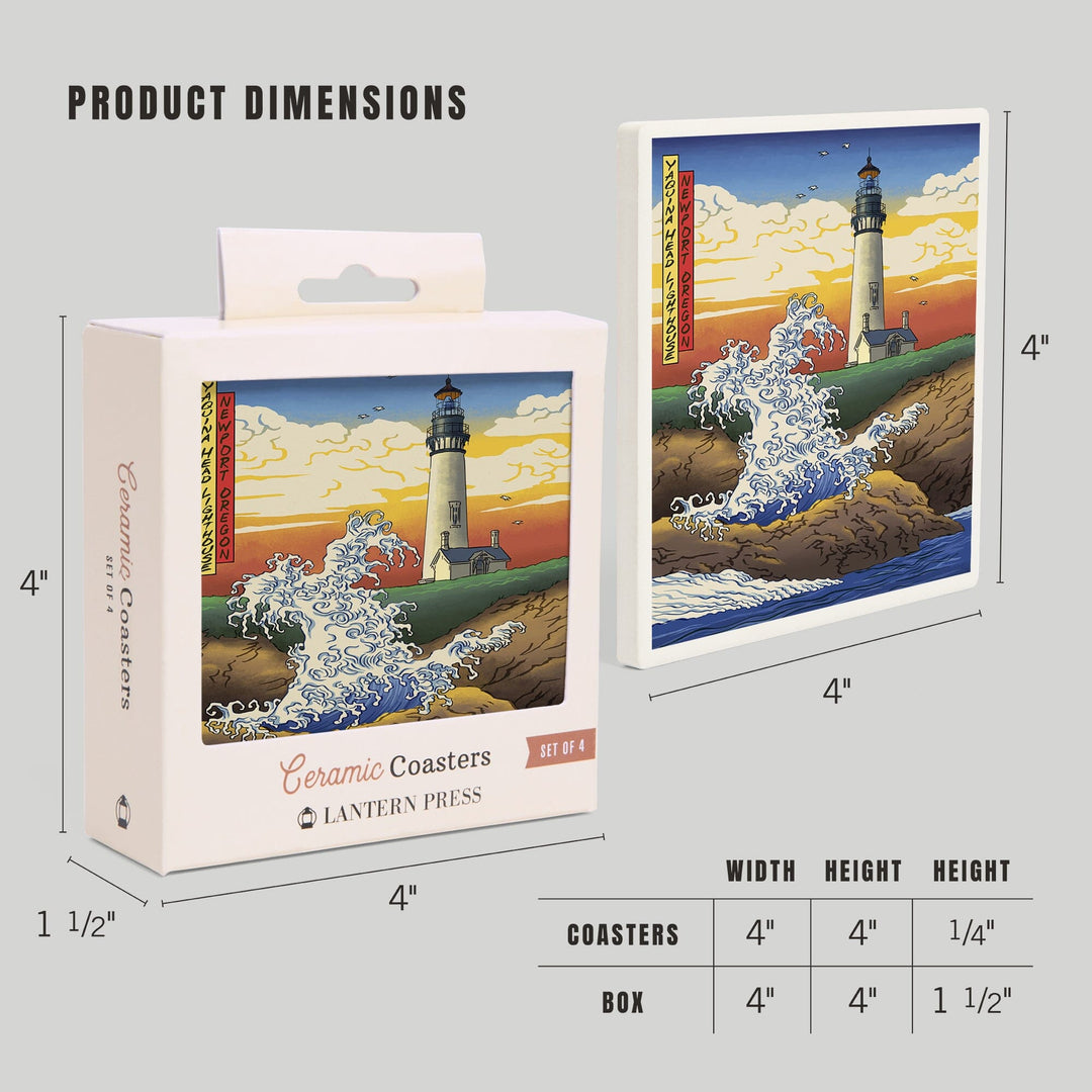 Newport, Oregon, Yaquina Head Lighthouse Woodblock, Lantern Press Poster, Coaster Set Coasters Lantern Press 