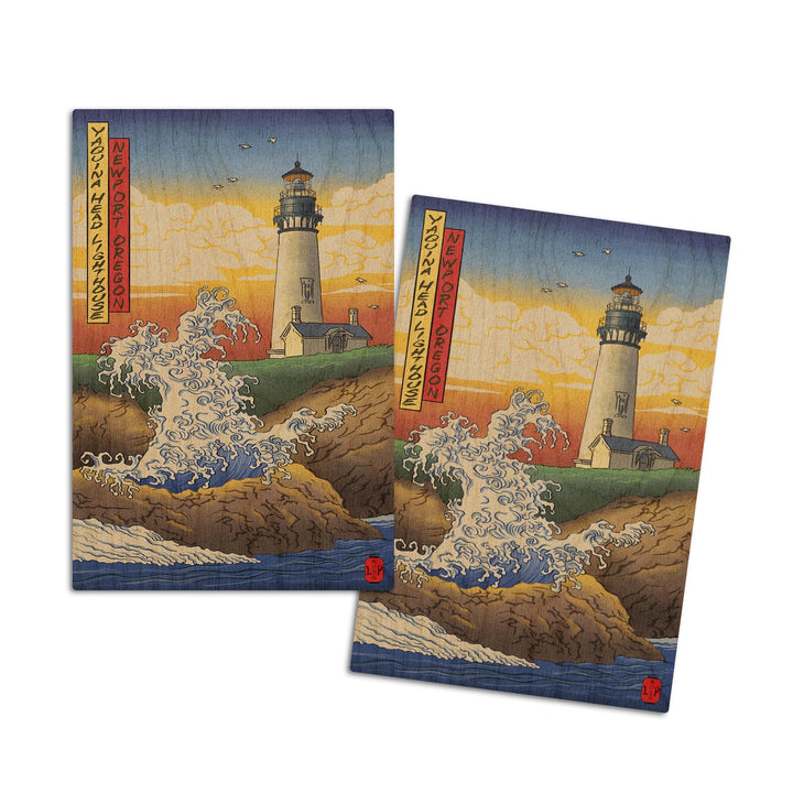 Newport, Oregon, Yaquina Head Lighthouse Woodblock, Lantern Press Poster, Wood Signs and Postcards Wood Lantern Press 4x6 Wood Postcard Set 