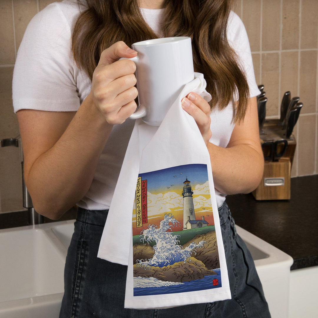 Newport, Oregon, Yaquina Head Lighthouse Woodblock, Organic Cotton Kitchen Tea Towels Kitchen Lantern Press 