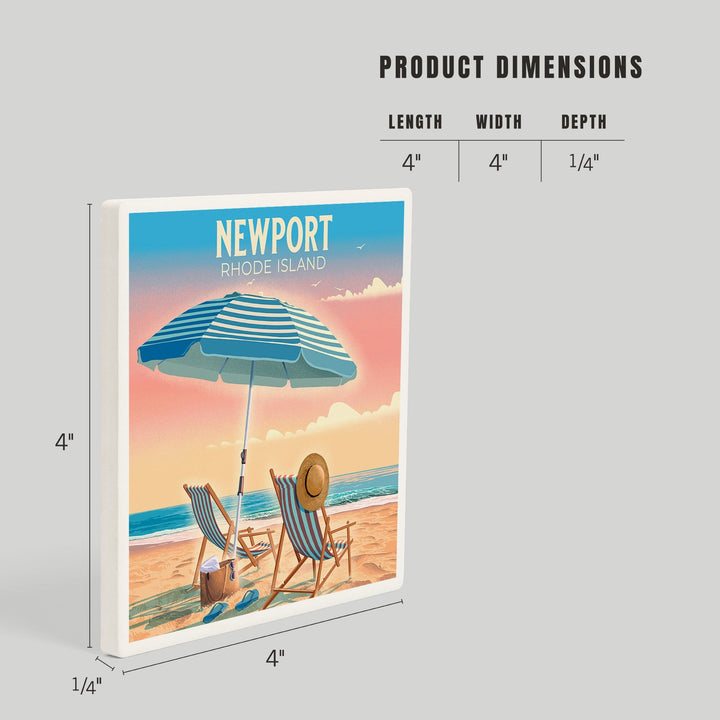 Newport, Rhode Island, Beach Chair and Umbrella, Coasters Coasters Lantern Press 