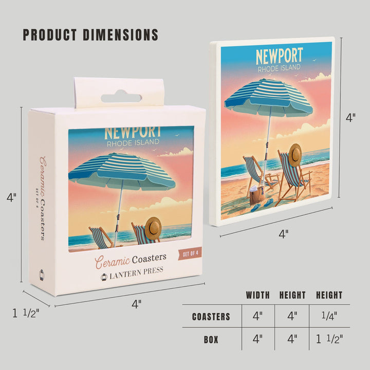 Newport, Rhode Island, Beach Chair and Umbrella, Coasters Coasters Lantern Press 