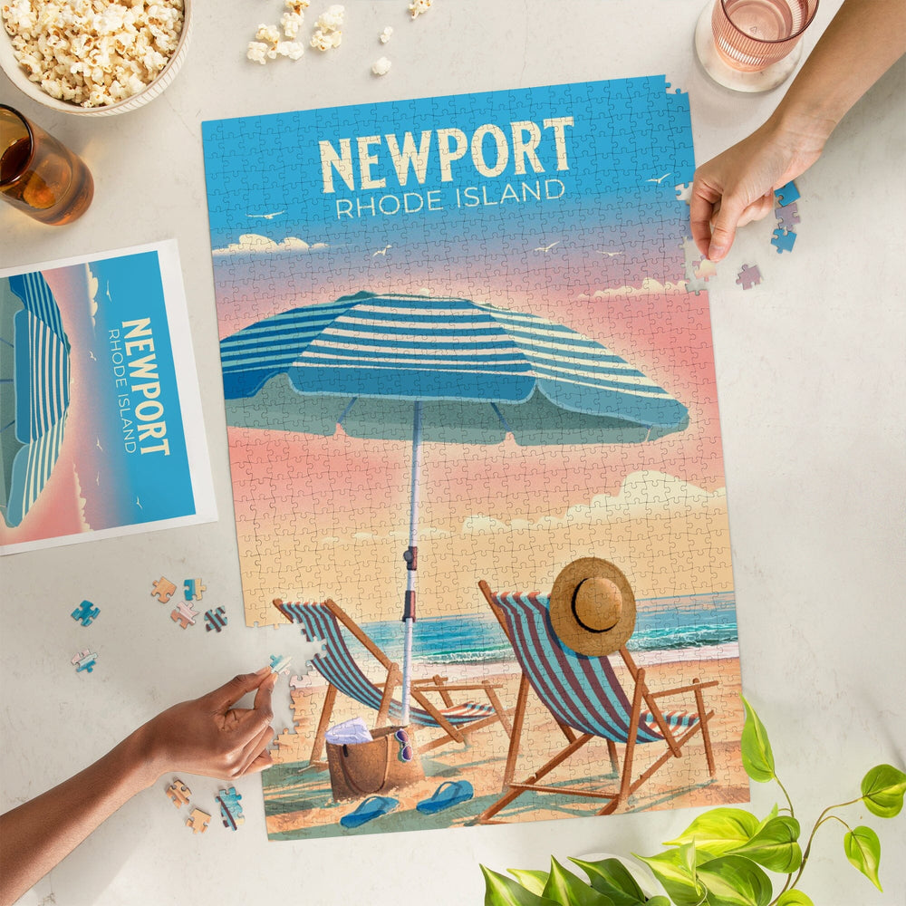 Newport, Rhode Island, Beach Chair and Umbrella, Jigsaw Puzzle Puzzle Lantern Press 