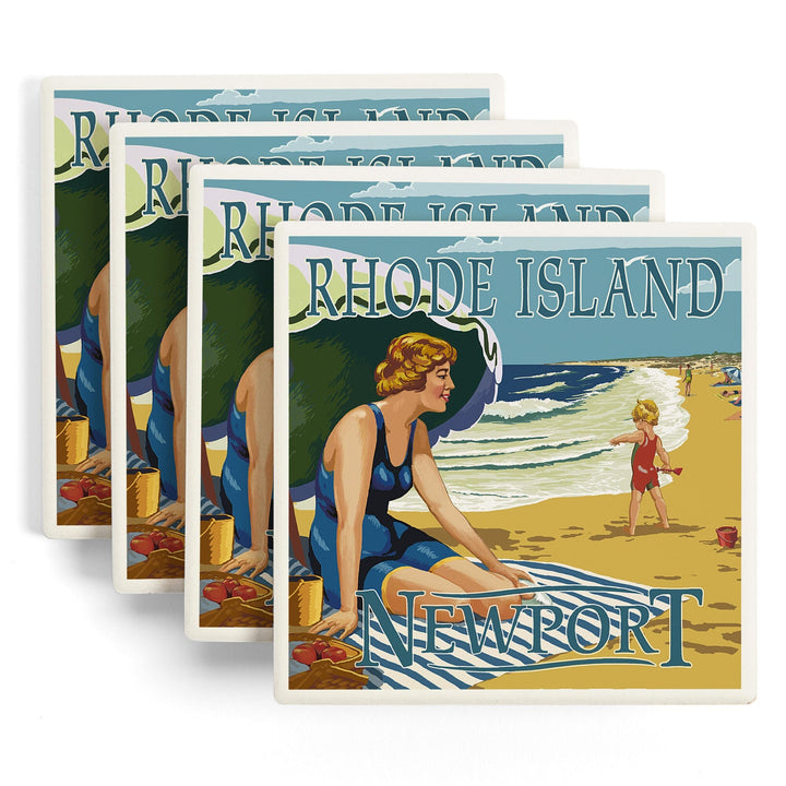 Newport, Rhode Island, Beach Scene, Lantern Press Artwork, Coaster Set Coasters Lantern Press 