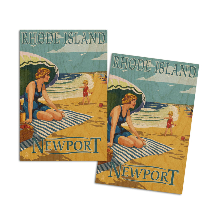 Newport, Rhode Island, Beach Scene, Lantern Press Artwork, Wood Signs and Postcards Wood Lantern Press 4x6 Wood Postcard Set 