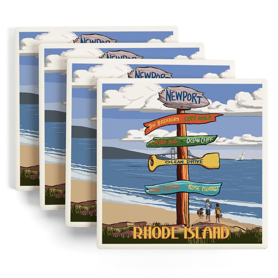 Newport, Rhode Island, Destinations Sign, Lantern Press Artwork, Coaster Set Coasters Lantern Press 