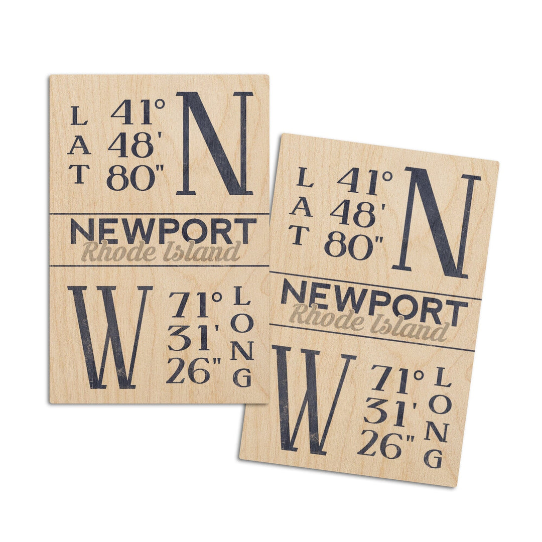 Newport, Rhode Island, Latitude & Longitude (Blue), Lantern Press Artwork, Wood Signs and Postcards Wood Lantern Press 4x6 Wood Postcard Set 