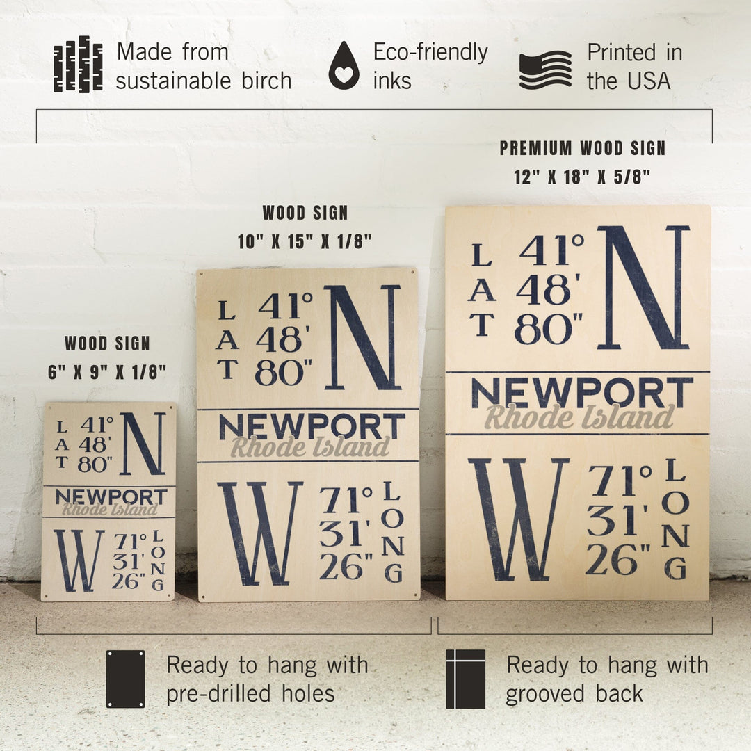 Newport, Rhode Island, Latitude & Longitude (Blue), Lantern Press Artwork, Wood Signs and Postcards Wood Lantern Press 