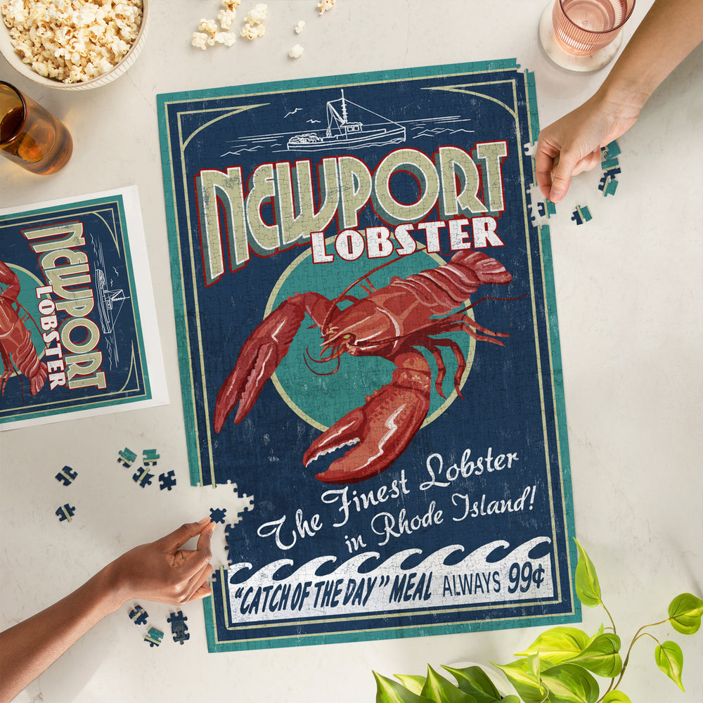 Newport, Rhode Island, Lobster Vintage Sign, Jigsaw Puzzle Puzzle Lantern Press 