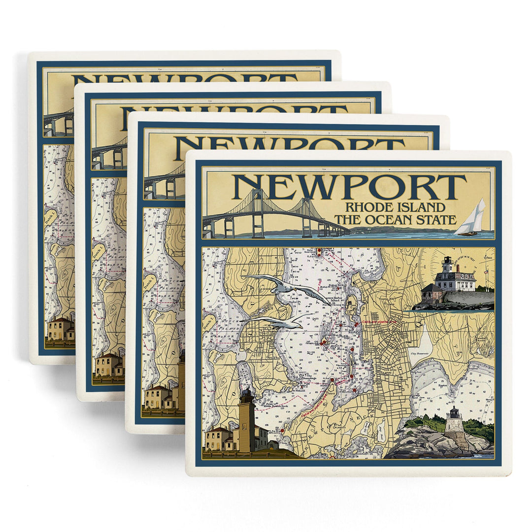 Newport, Rhode Island, Nautical Chart, Lantern Press Artwork, Coaster Set Coasters Lantern Press 