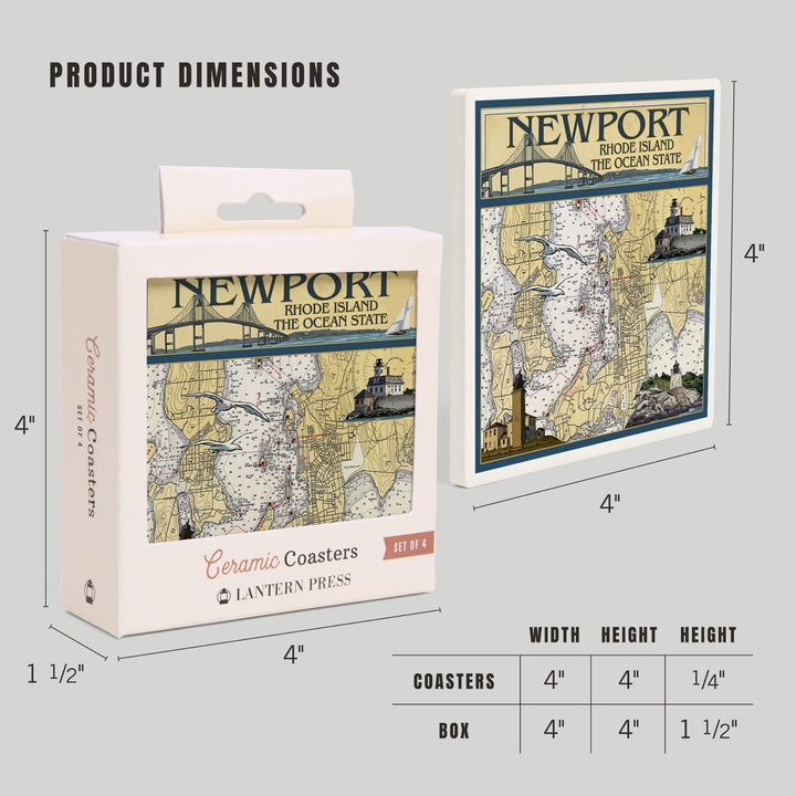 Newport, Rhode Island, Nautical Chart, Lantern Press Artwork, Coaster Set Coasters Lantern Press 