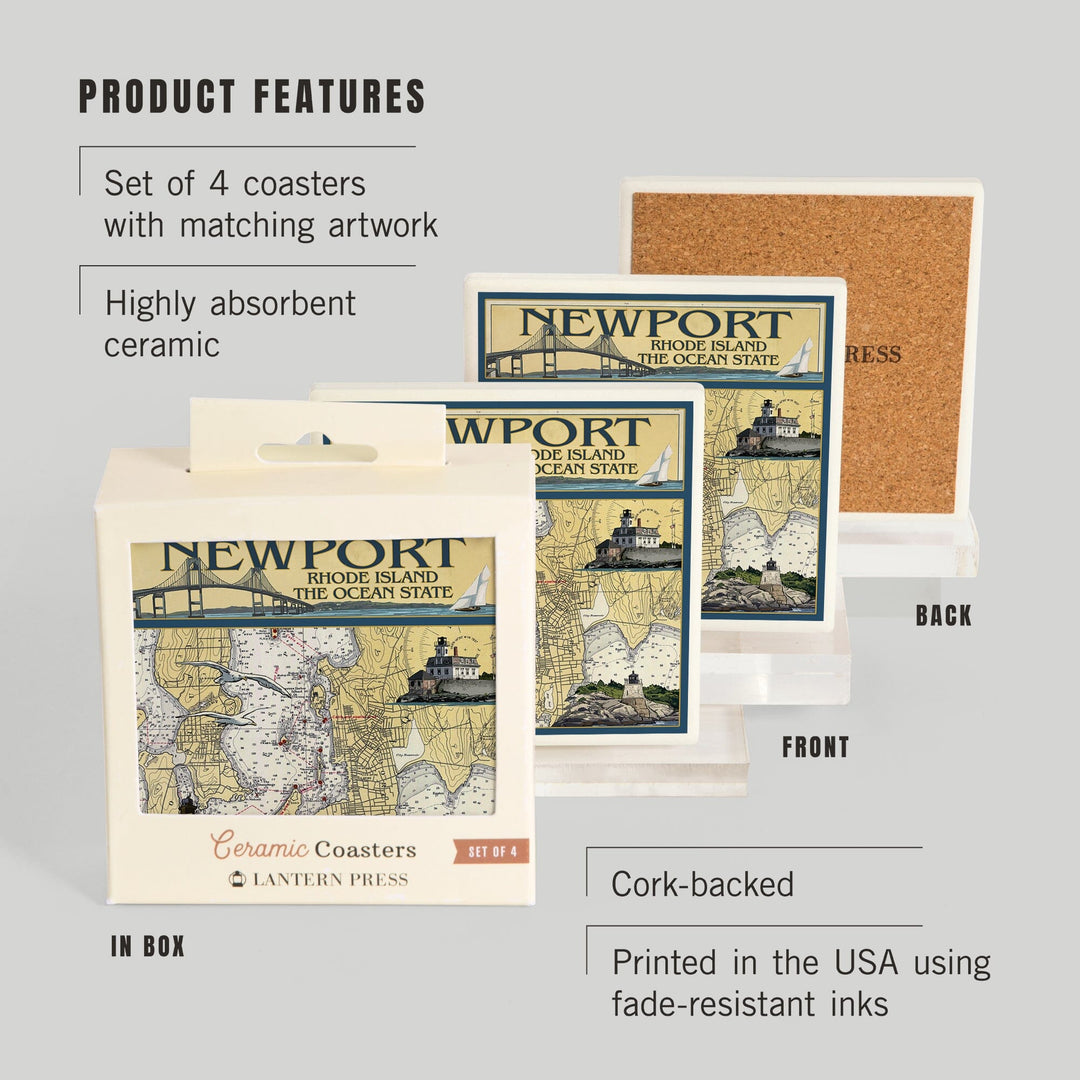 Newport, Rhode Island, Nautical Chart, Lantern Press Artwork, Coaster Set Coasters Lantern Press 