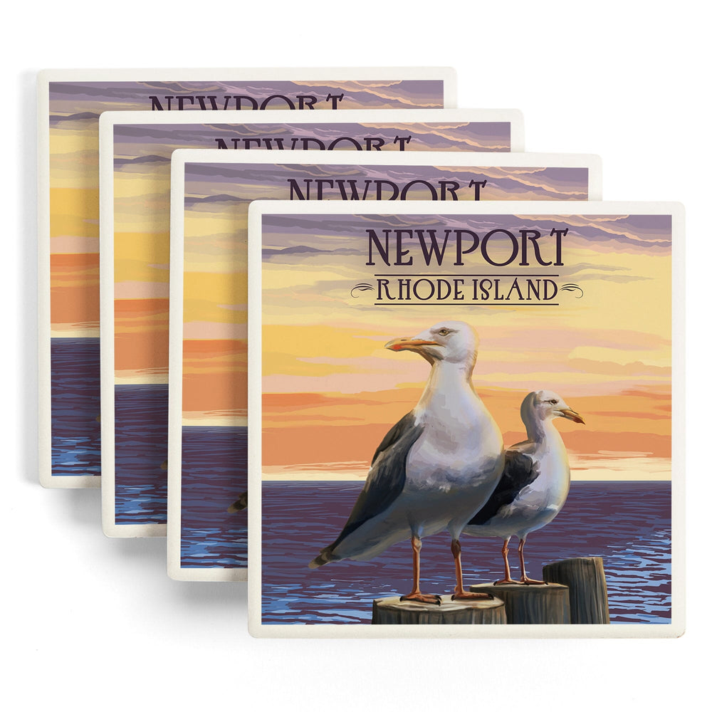 Newport, Rhode Island, Seagulls on Piers, Coasters Coasters Lantern Press 