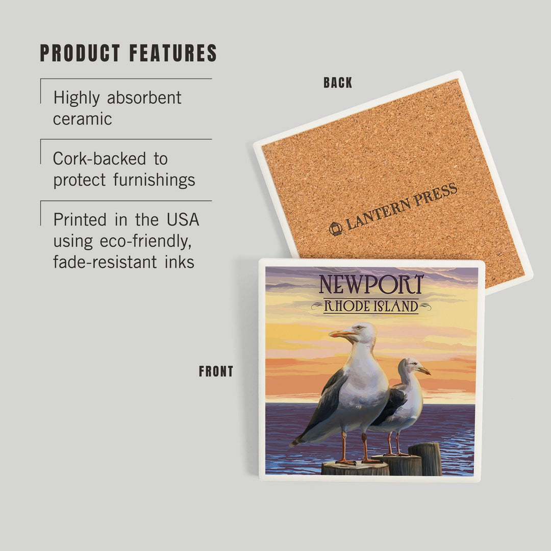 Newport, Rhode Island, Seagulls on Piers, Coasters Coasters Lantern Press 