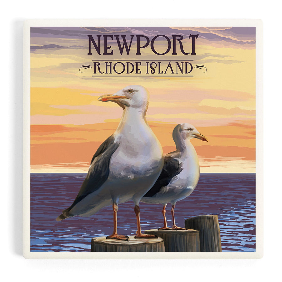 Newport, Rhode Island, Seagulls on Piers, Coasters Coasters Lantern Press 