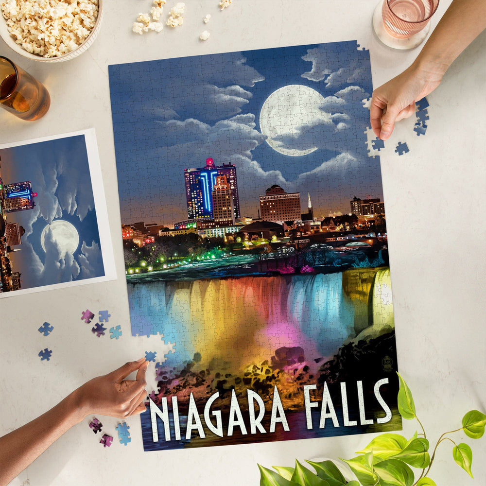 Niagara Falls, New York, American Falls at Night, Jigsaw Puzzle Puzzle Lantern Press 
