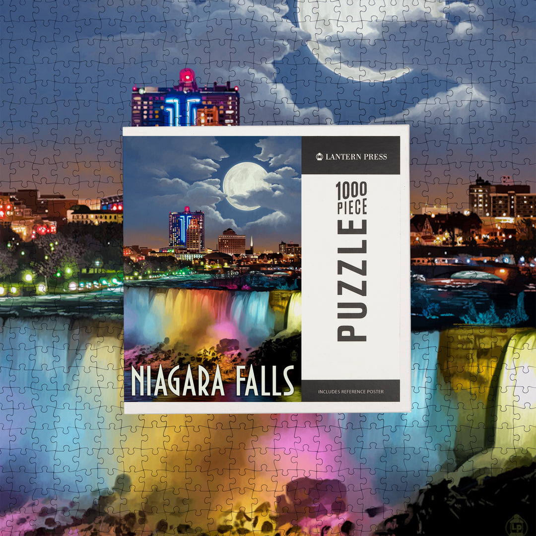 Niagara Falls, New York, American Falls at Night, Jigsaw Puzzle Puzzle Lantern Press 