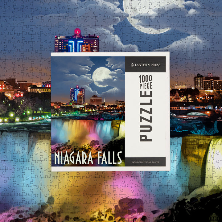 Niagara Falls, New York, American Falls at Night, Jigsaw Puzzle Puzzle Lantern Press 
