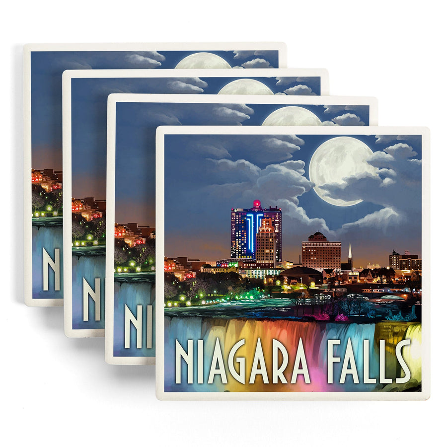 Niagara Falls, New York, American Falls at Night, Lantern Press Artwork, Coaster Set Coasters Lantern Press 