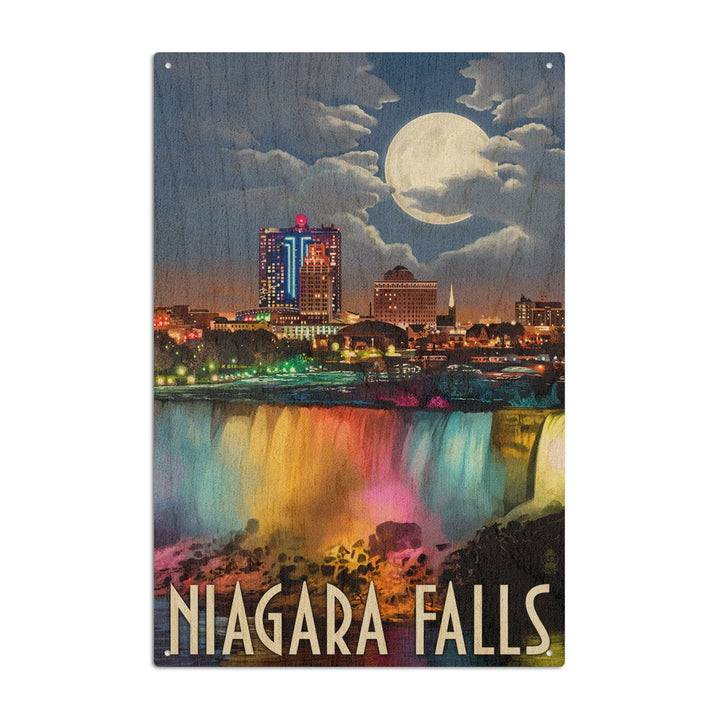 Niagara Falls, New York, American Falls at Night, Lantern Press Artwork, Wood Signs and Postcards Wood Lantern Press 10 x 15 Wood Sign 