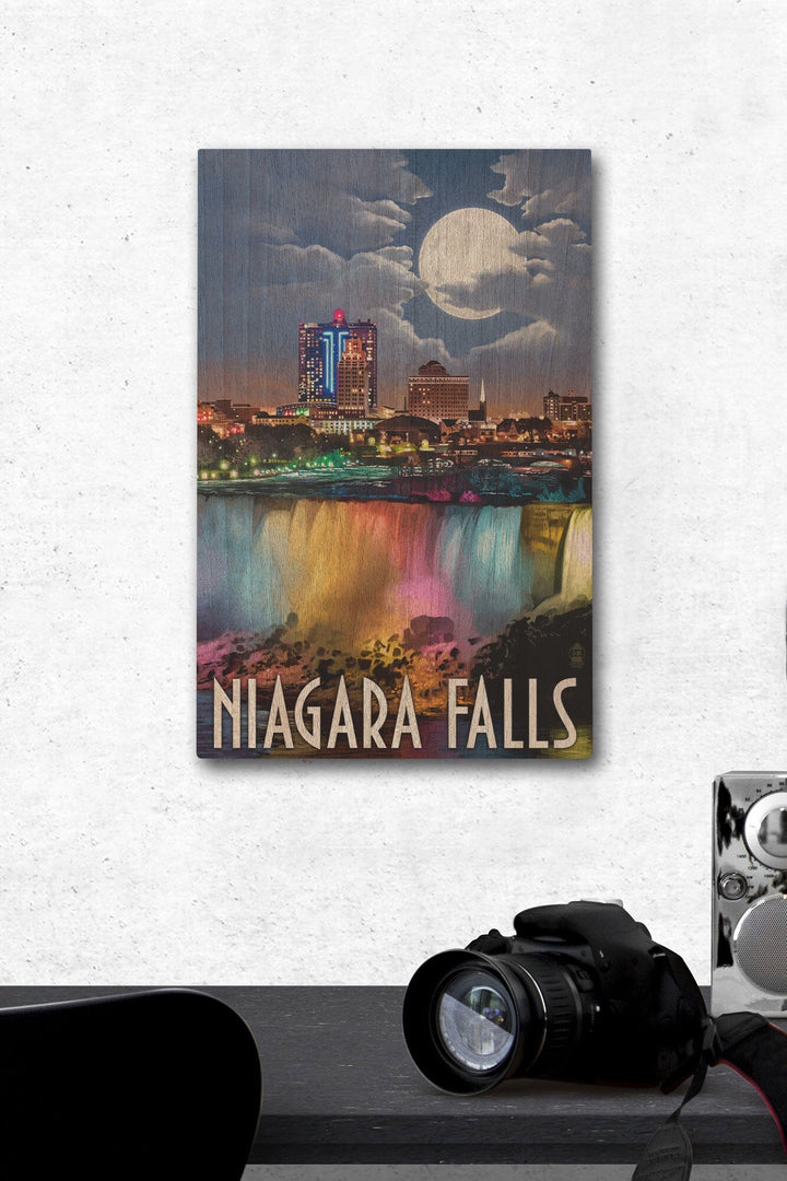 Niagara Falls, New York, American Falls at Night, Lantern Press Artwork, Wood Signs and Postcards Wood Lantern Press 12 x 18 Wood Gallery Print 