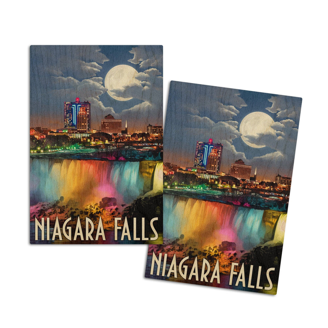 Niagara Falls, New York, American Falls at Night, Lantern Press Artwork, Wood Signs and Postcards Wood Lantern Press 4x6 Wood Postcard Set 