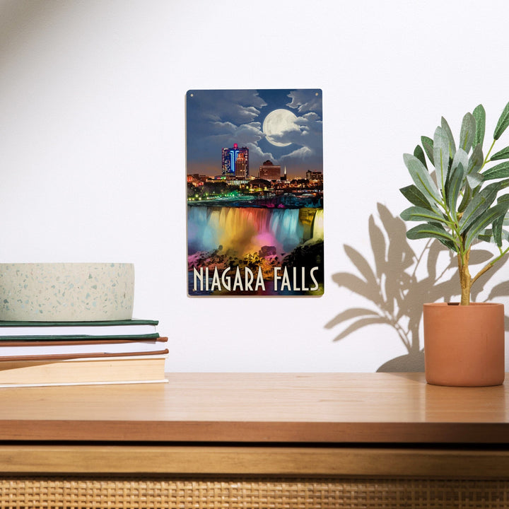 Niagara Falls, New York, American Falls at Night, Lantern Press Artwork, Wood Signs and Postcards Wood Lantern Press 