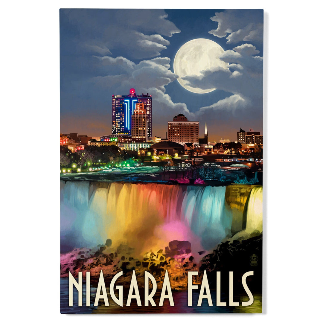 Niagara Falls, New York, American Falls at Night, Lantern Press Artwork, Wood Signs and Postcards Wood Lantern Press 