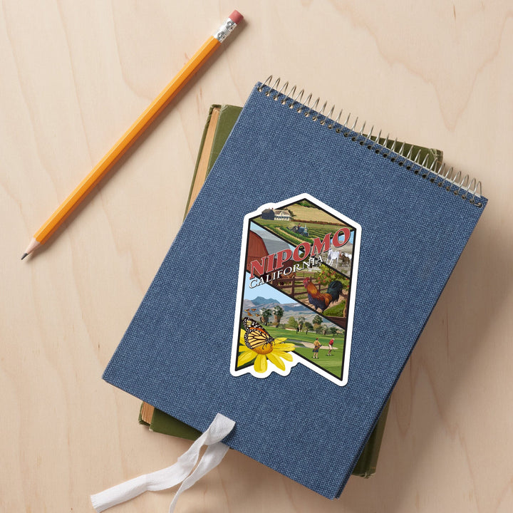 Nipomo, California, Montage, Contour, Vinyl Sticker Sticker Lantern Press 