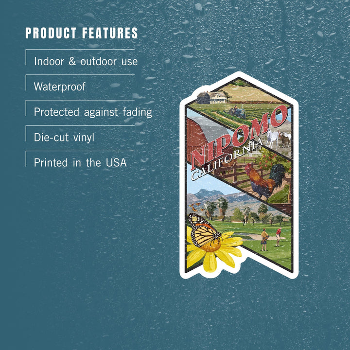 Nipomo, California, Montage, Contour, Vinyl Sticker Sticker Lantern Press 